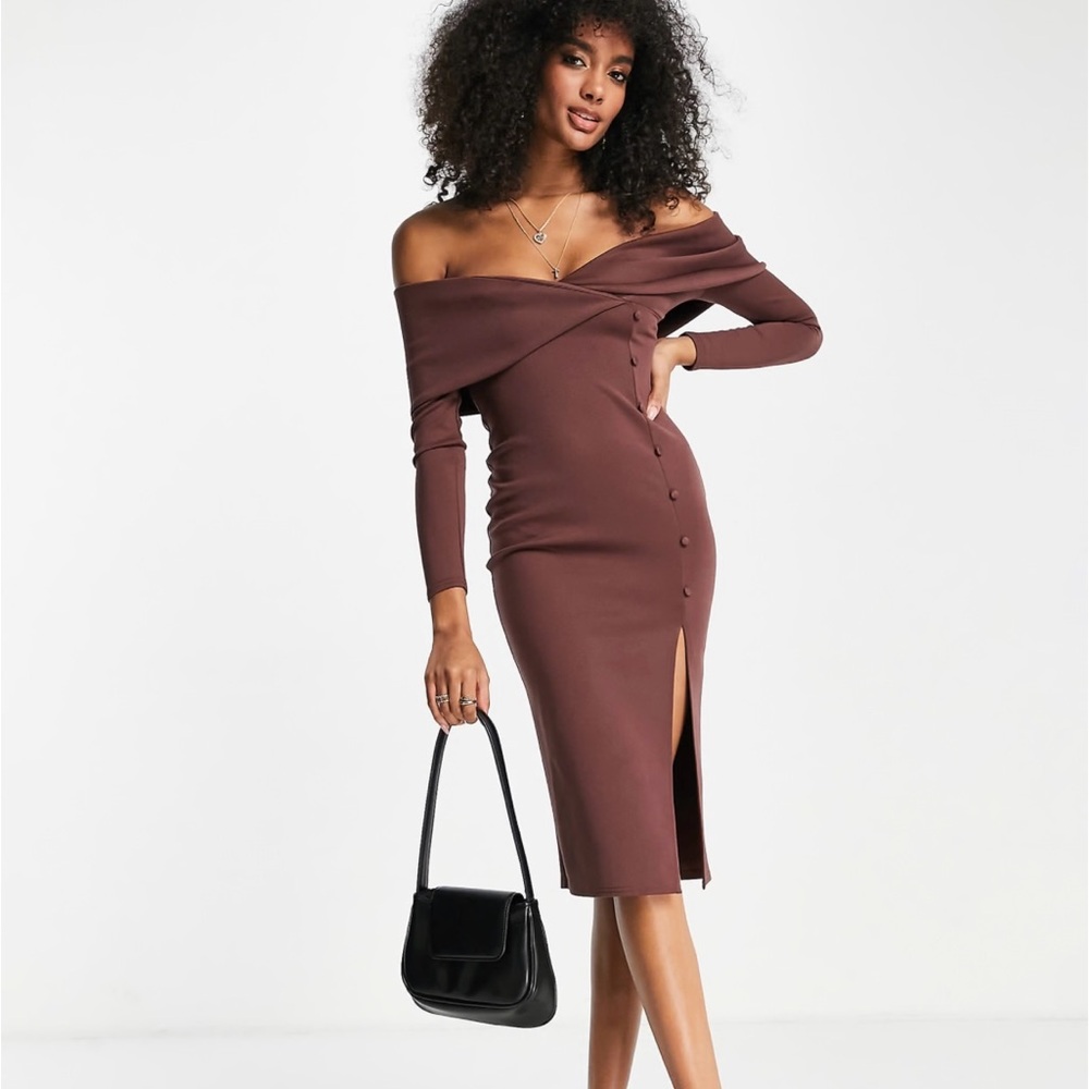 SOLD - ASOS Brown Ribbed Off-Shoulder Bodycon Dress